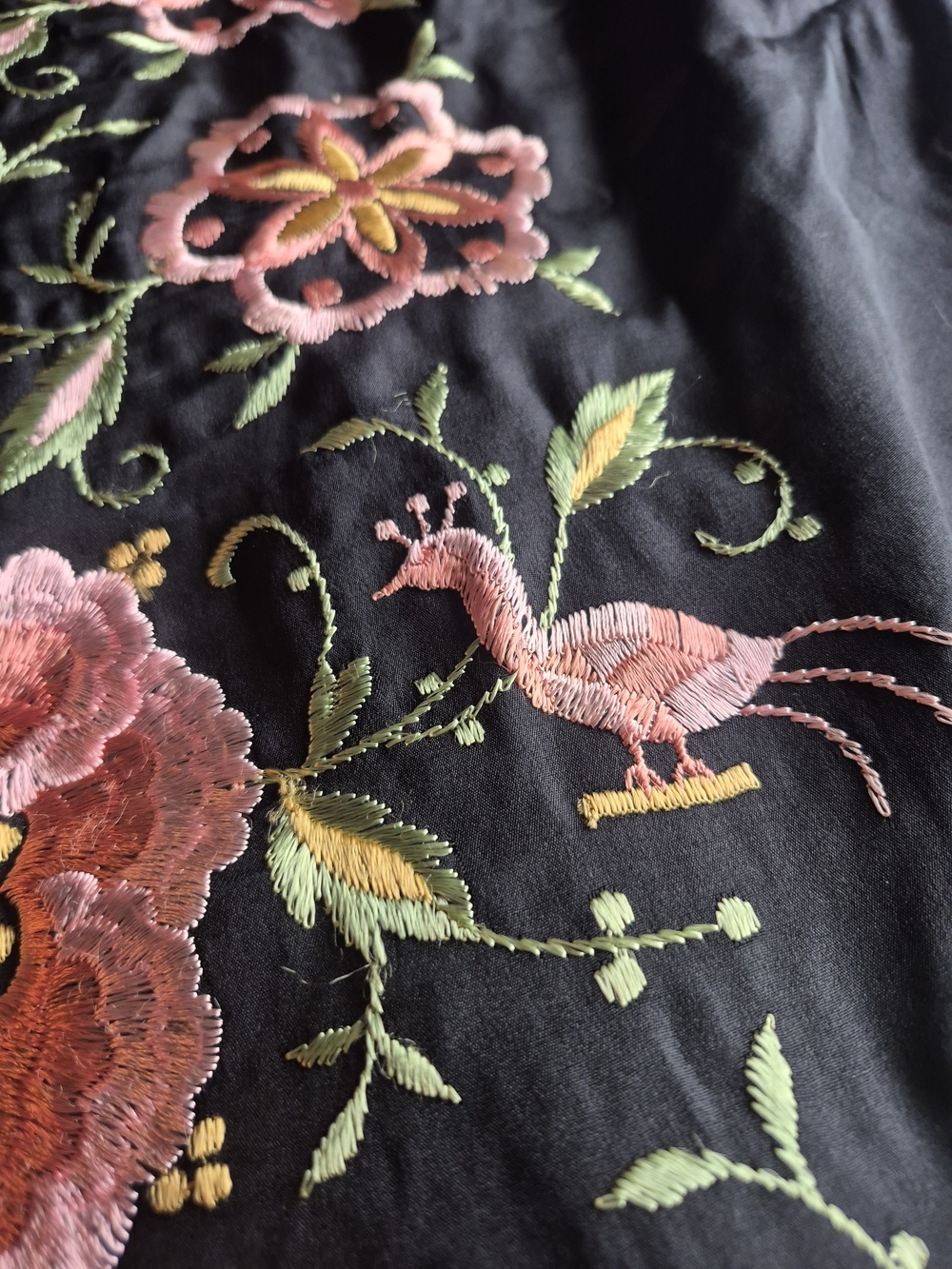 Large Black Floral Embroidered Fringe Silk Piano Shawl 4x4 - Picture 4 of 15